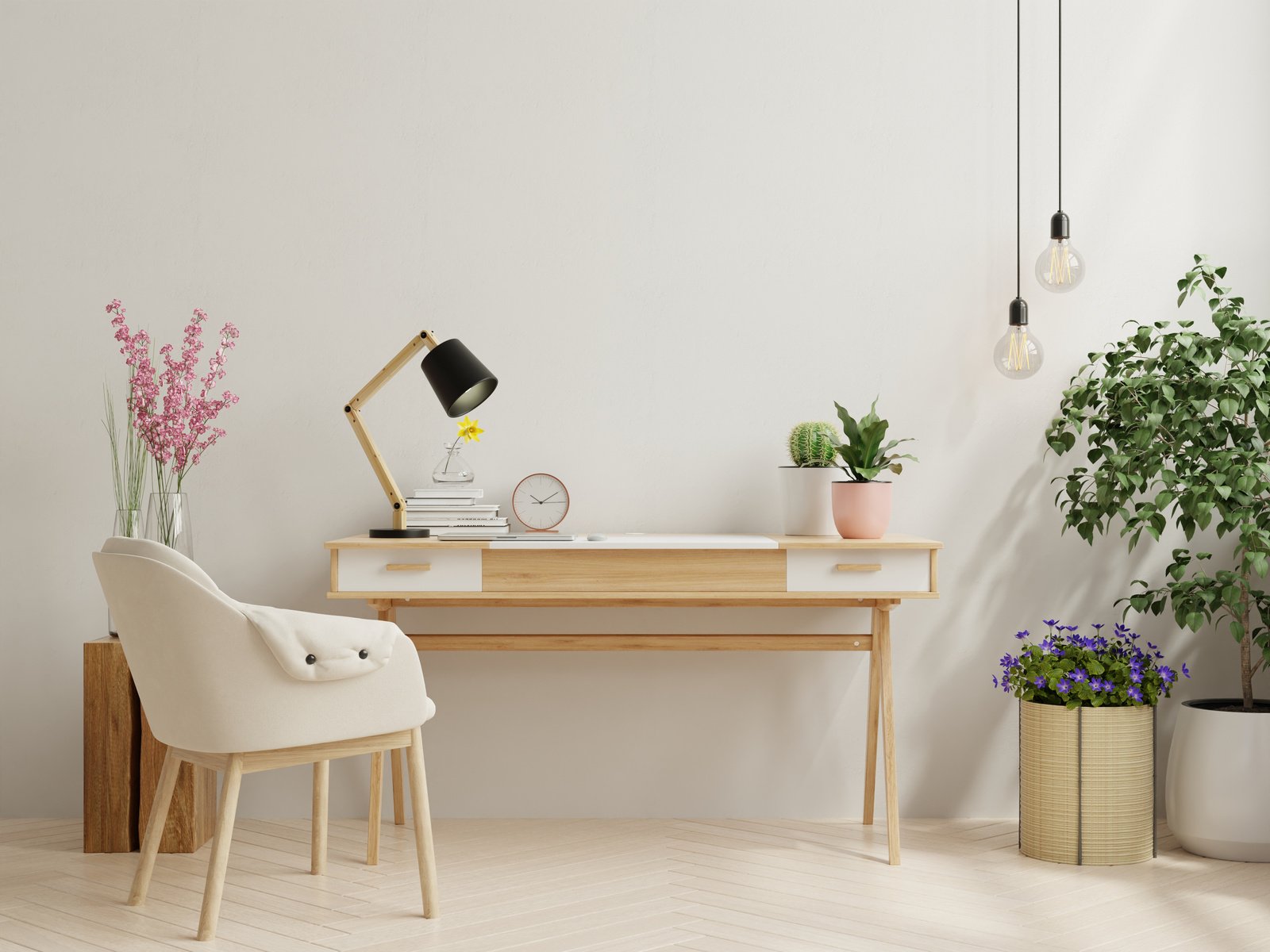 Office Desk Interior with White Wall